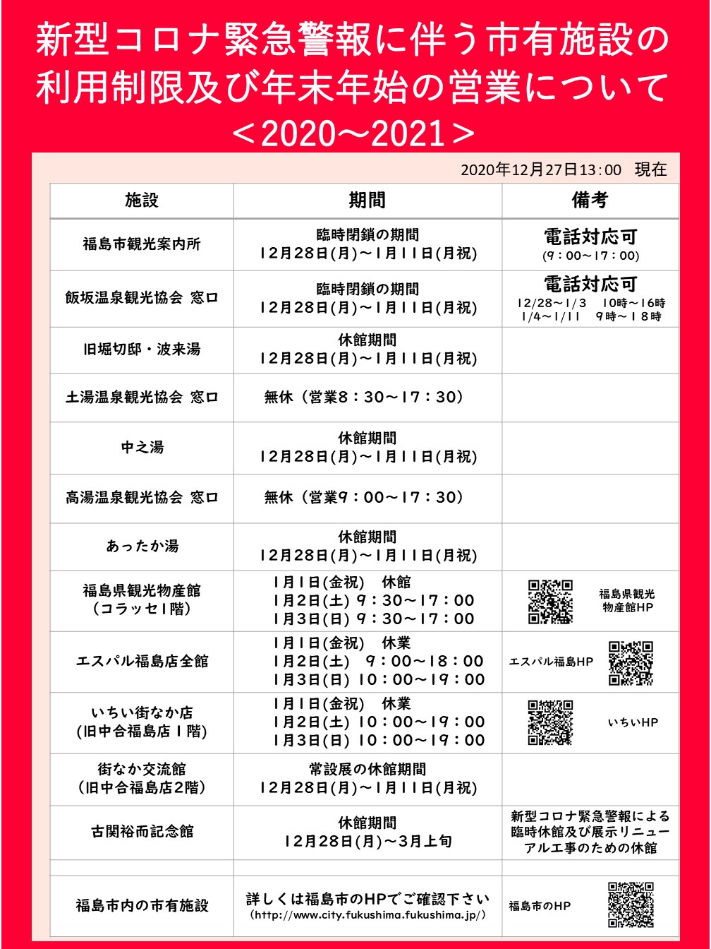 施設営業情報（12月27日）