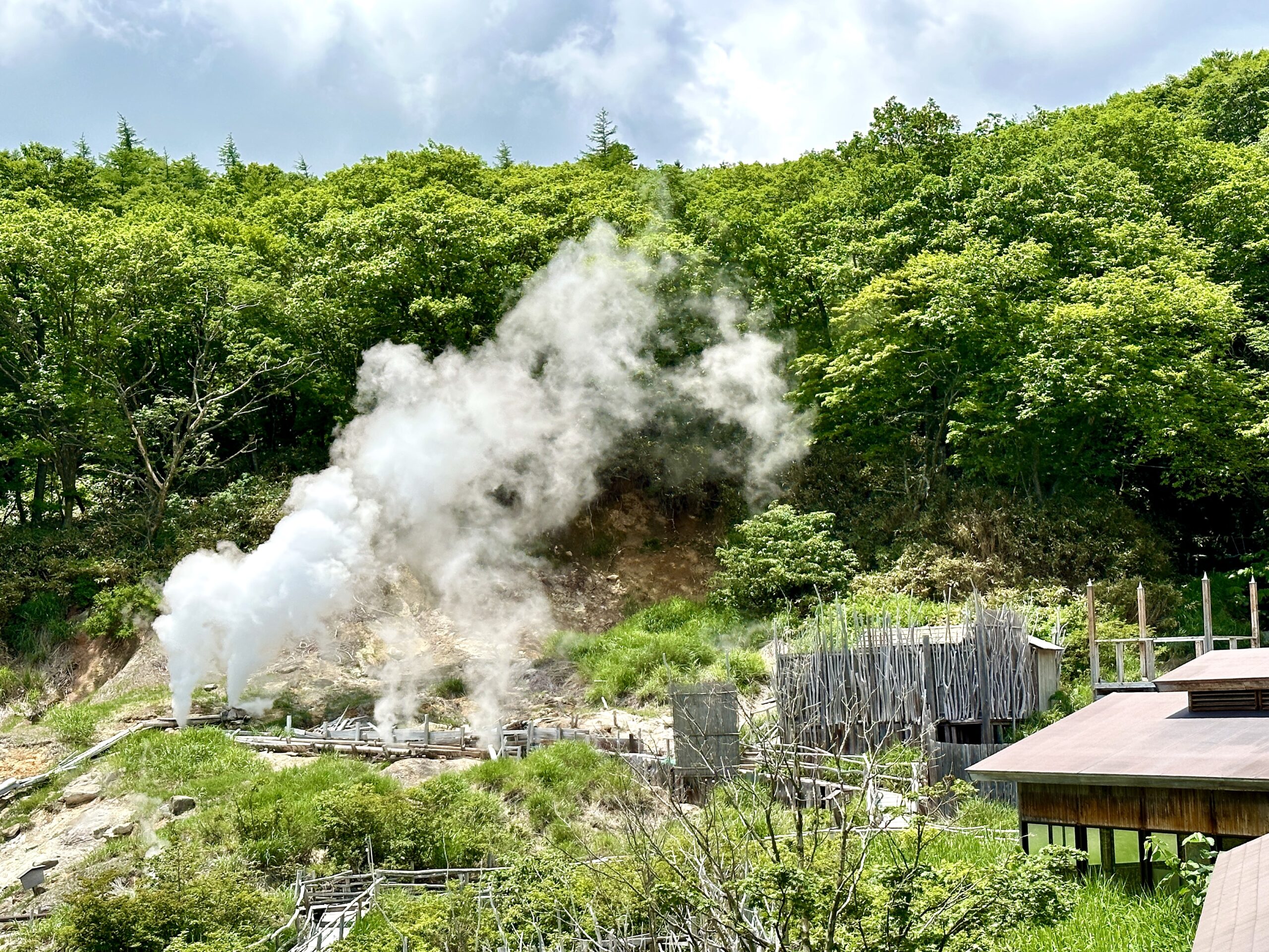 道中の野地温泉付近で立ち上がっていた湯気