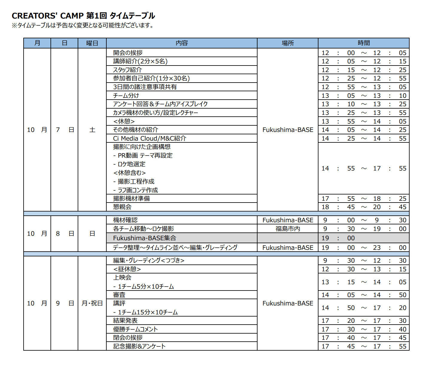 CREATORS' CAMP タイムテーブル