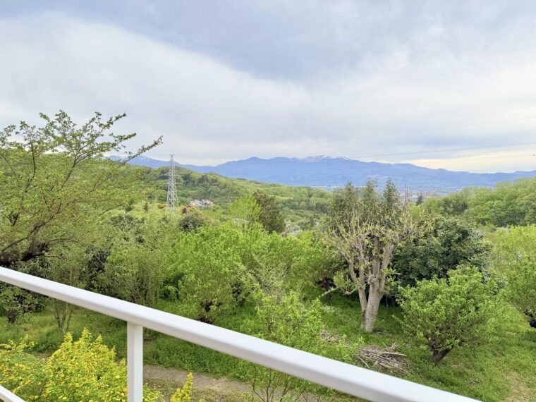 大きな窓の向こうに広がる花見山。その奥には福島市街地や吾妻連峰の絶景。