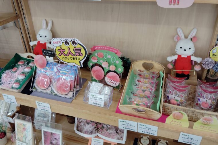 旭産業の桃グッズが並ぶ、福島市観光案内所のコーナー